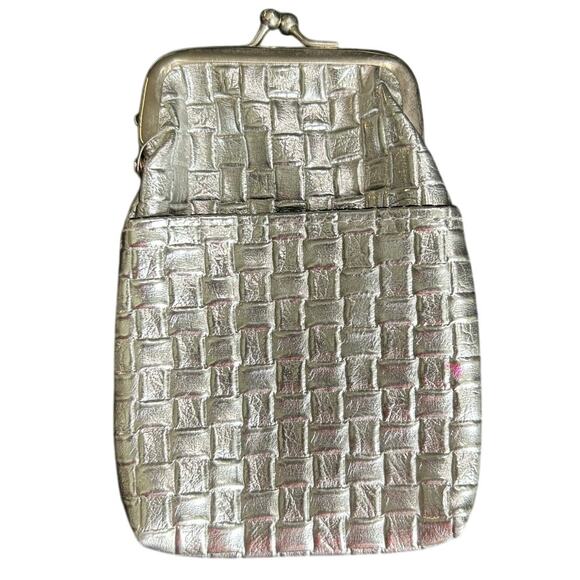 Retro Style Wallet Kisslock Case- Metallic Silver Woven- outer pocket- some wear - Picture 1 of 4